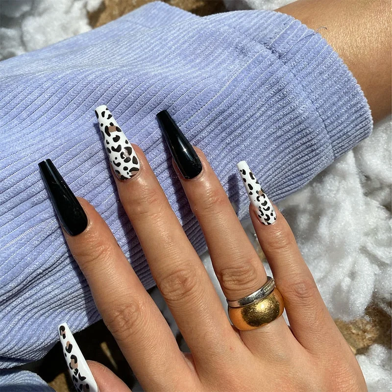 24Pcs Extra Long Coffin Nails Pure Purple Elegant Shiny Ballet Fluorescent and Yellow Leopard print Fake Nail with glue for girl-Nail Inspo