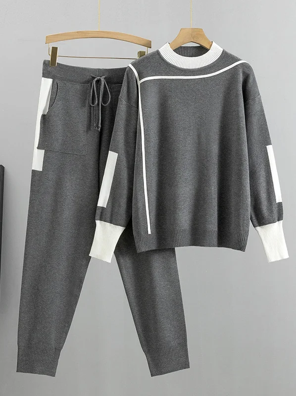 Women's Contrast Trim Crew Neck Sweater Tapered Pants Two Piece Set