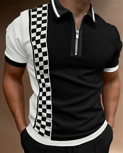 Lapel Check Short Sleeve Men's Fashion Zip POLO Shirt
