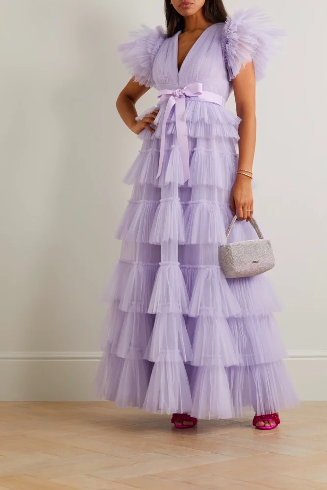 Grosgrain-trimmed tiered ruffled tulle gown