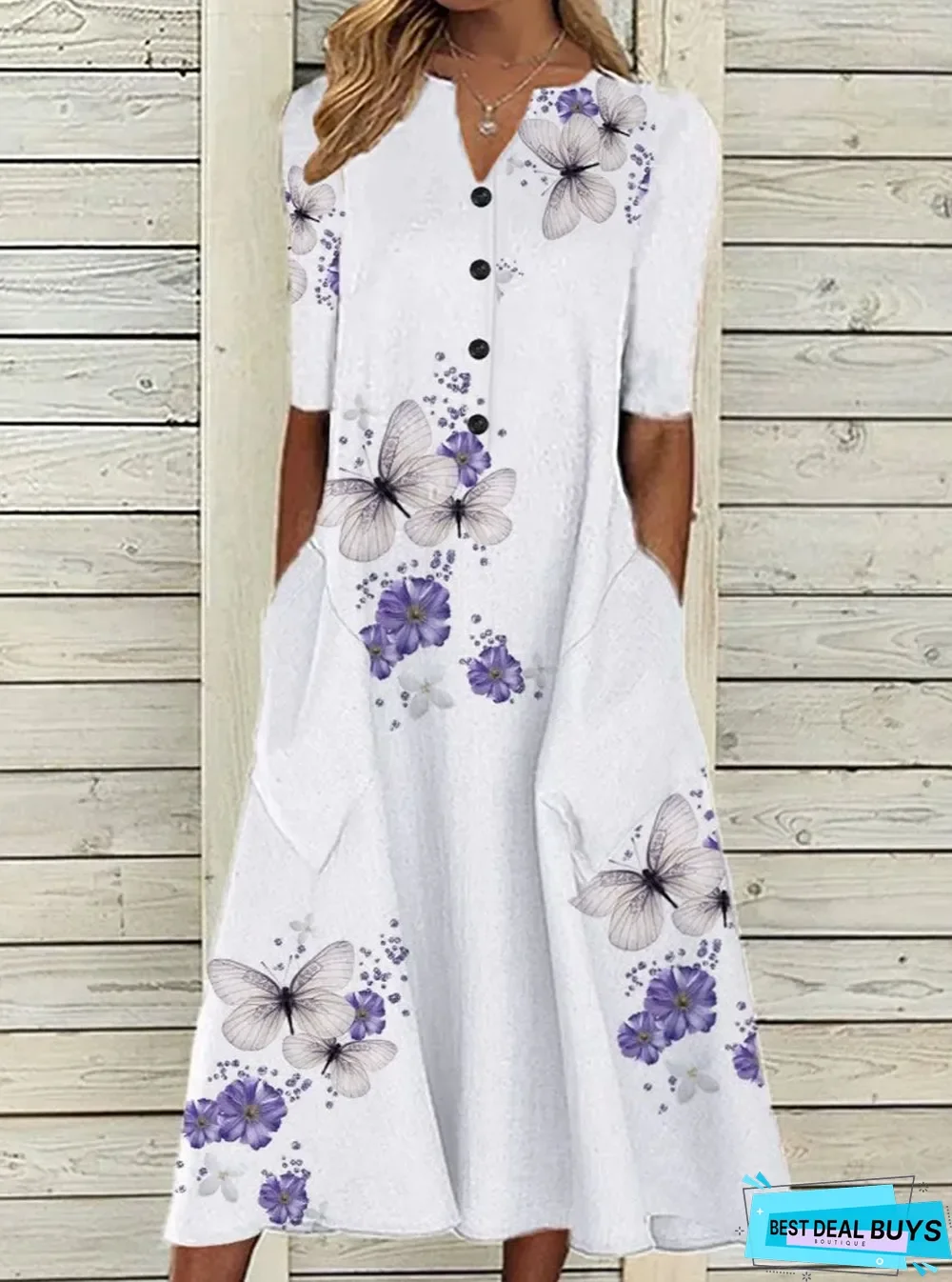 Butterfly Print Long Sleeve Casual Maxi Dress White Dresses