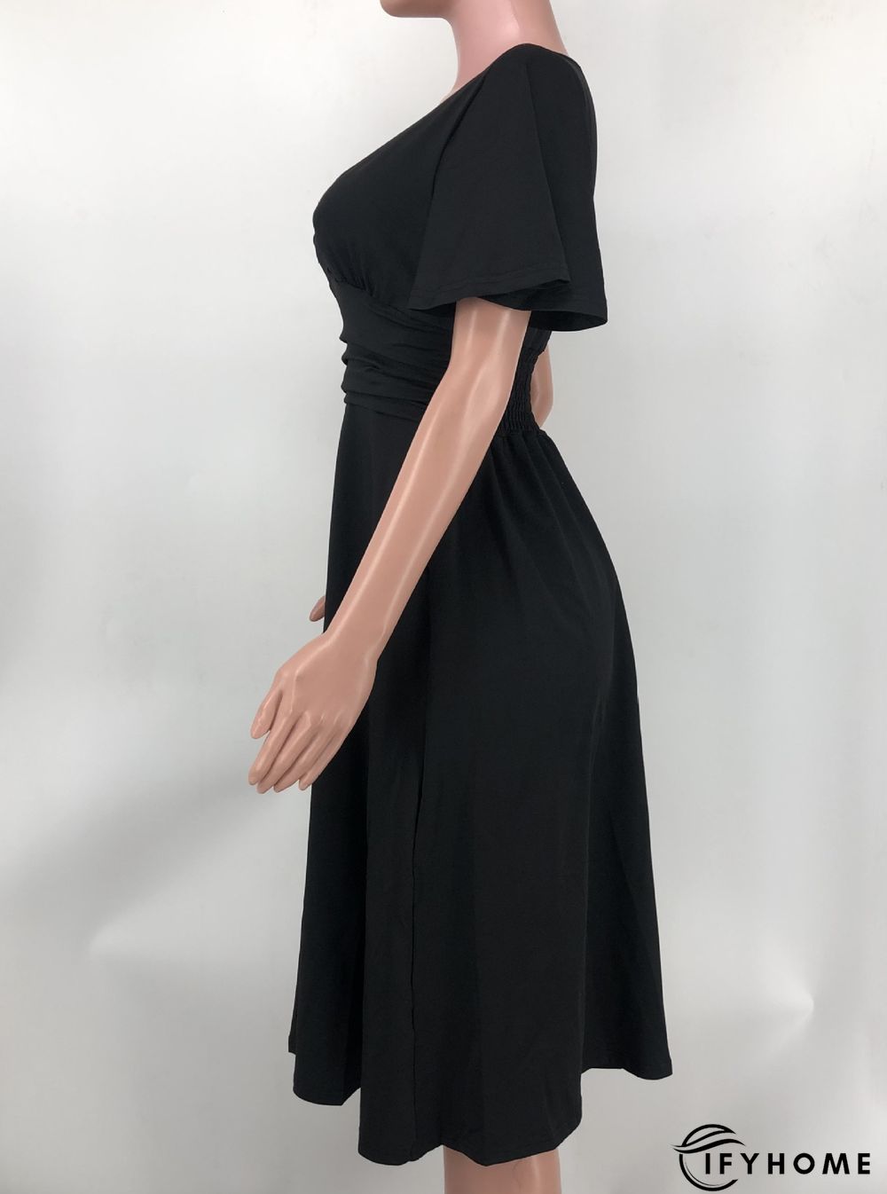 Fashion Solid Color V-neck Short-sleeved Waist Pleated Dress | IFYHOME