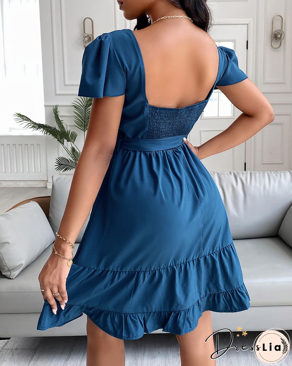 Solid V-Neck Shirred Back Ruffle Hem Belted Dress