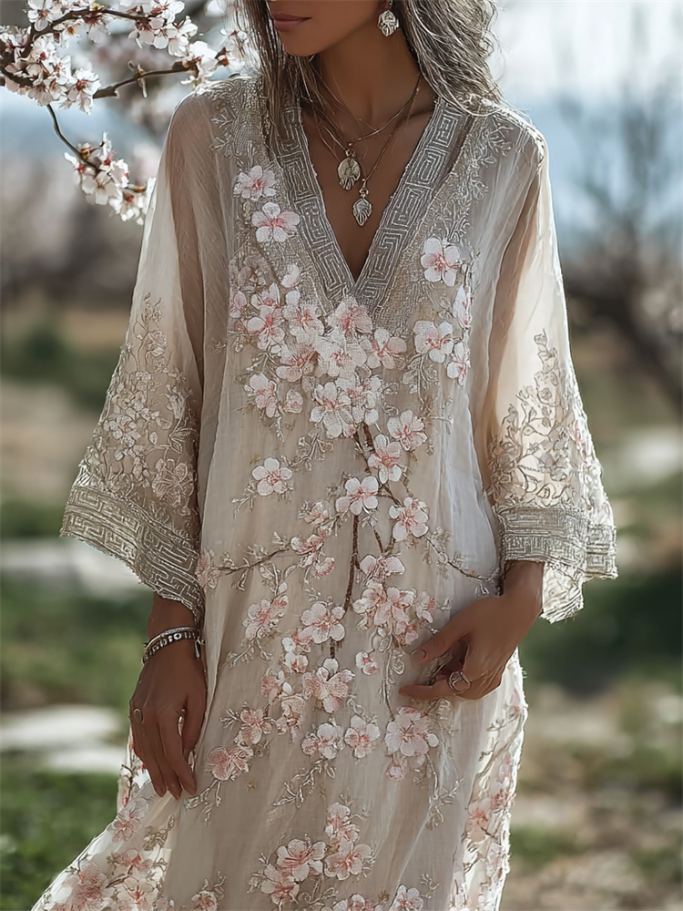 Vintage Japanese Cherry Blossom Flowy Linen Maxi Dress elevenforest