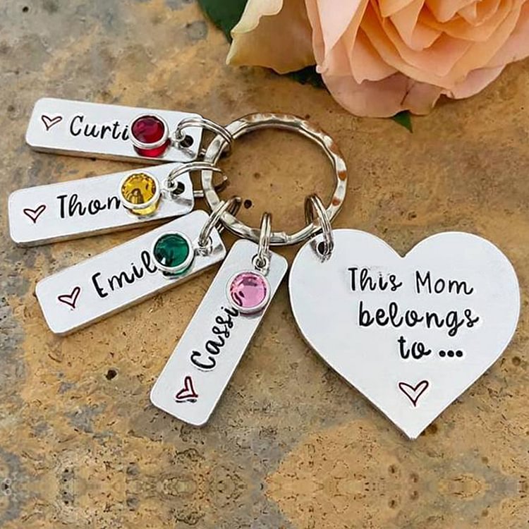 Personalized Keychain With Engraved 4 Names and 4 Birthstone Crystals - Mother's Day Gift