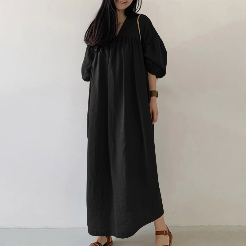 ZANZEA Women Summer Maxi Dress Solid Long Robe V Neck Half Puff Sleeve Pleated Dresses Causal Loose Party Work Vestidos