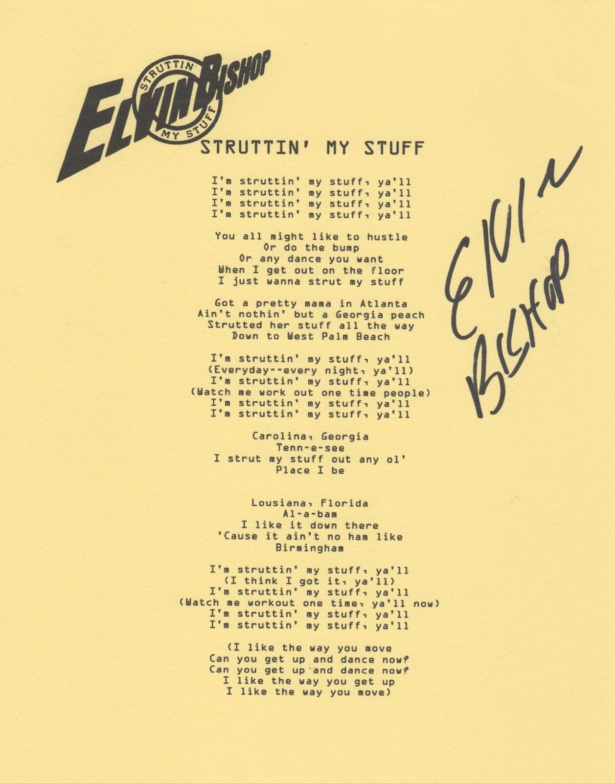 Elvin Bishop REAL SIGNED Struttin' My Stuff lyric sheet #1 COA Butterfield Blues