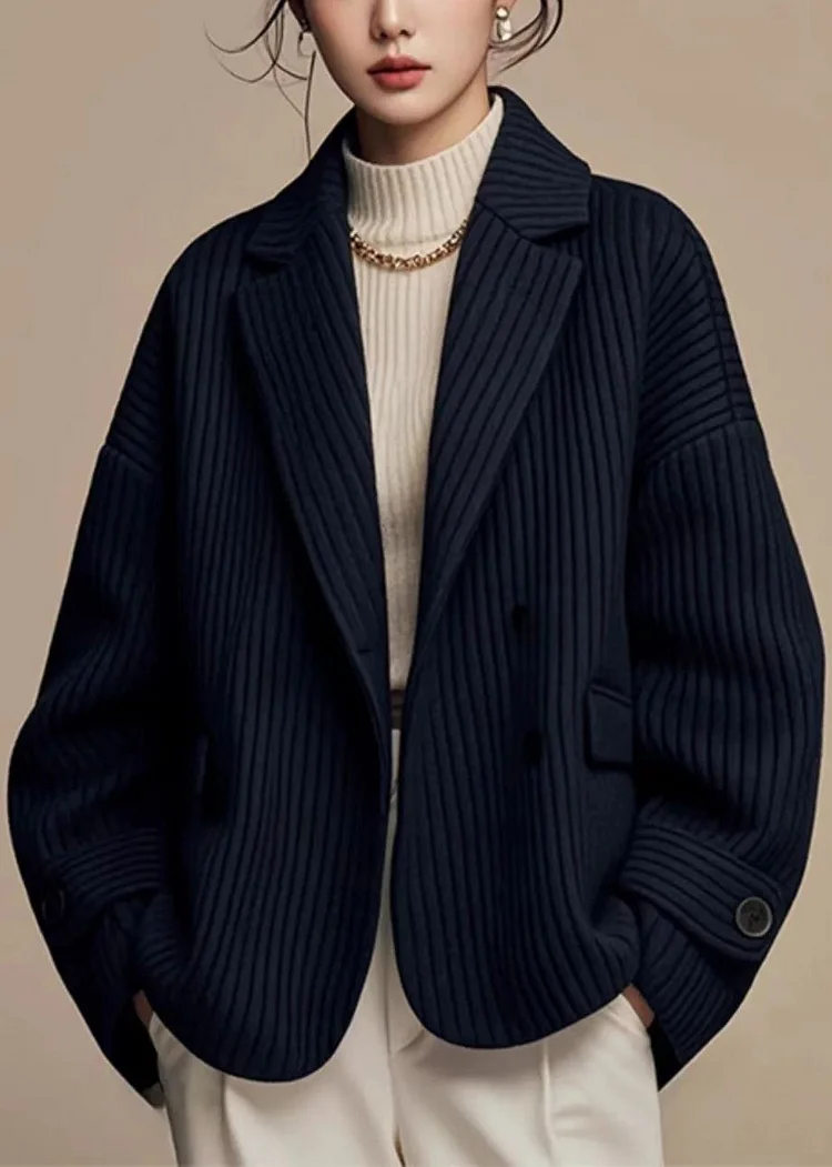 French Black Notched Striped Button Spandex Coats Fall