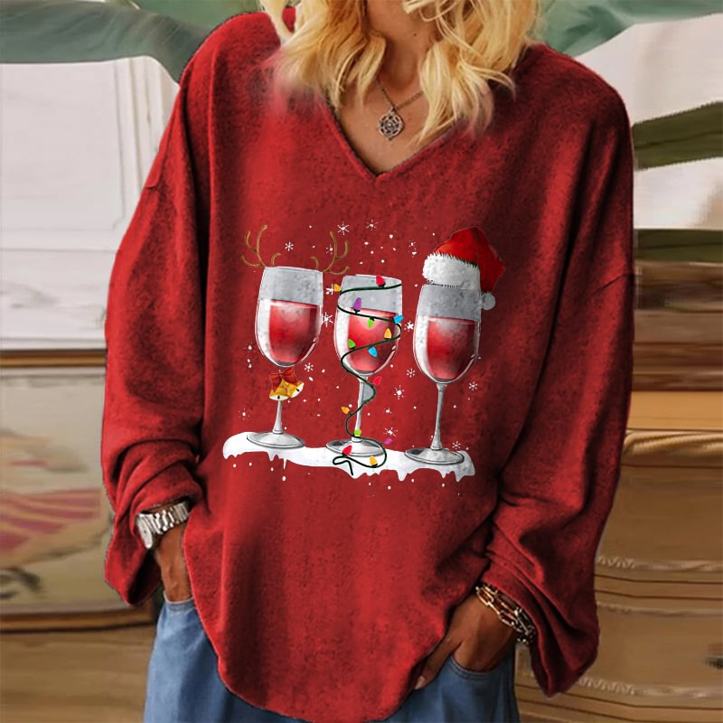 Christmas Wine Glass Printed V-neck Women's T-shirt