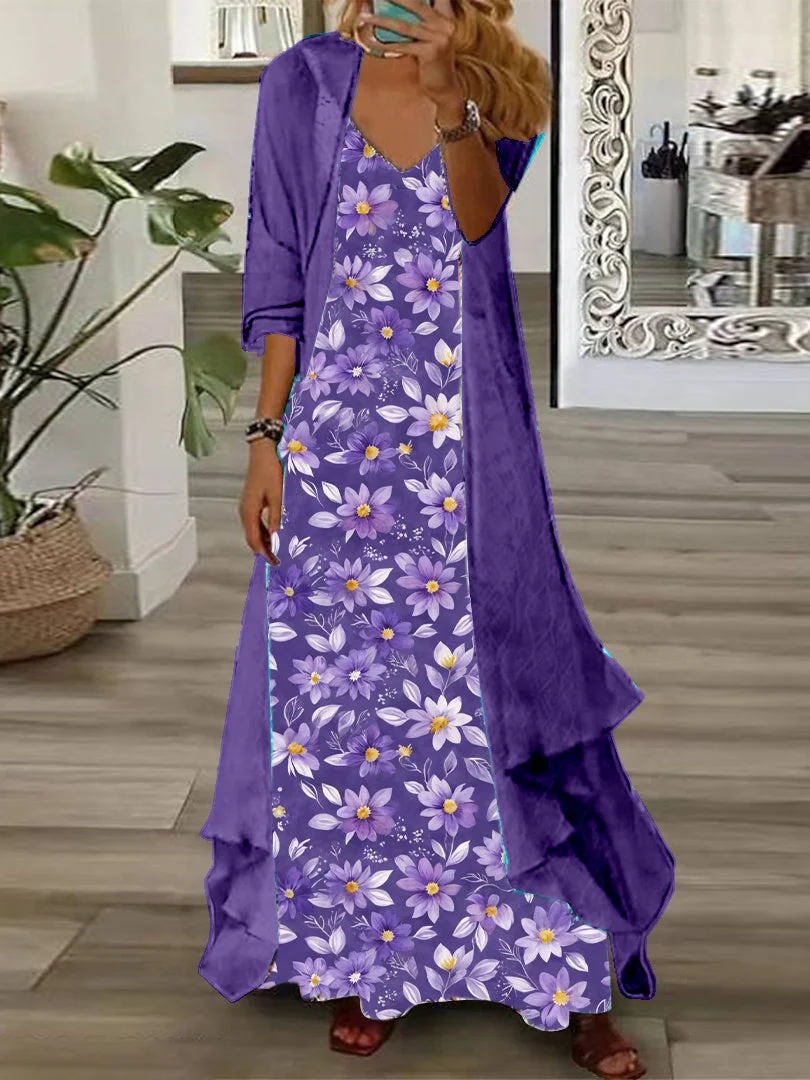 Women's Long Sleeve V-neck Floral Printed Two Pieces Maxi Dress