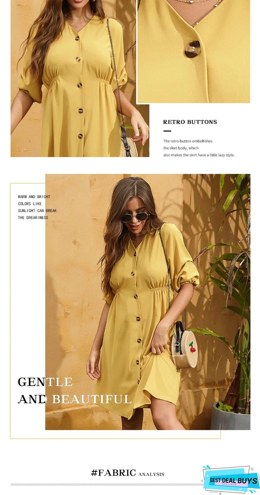 Solid-colored Loose-fitting Mid-sleeve Pleated Shirt Large Swing Dress