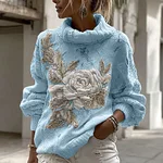 Women's Vintage White Rose Chunky Knit Turtleneck Sweater - Image 5