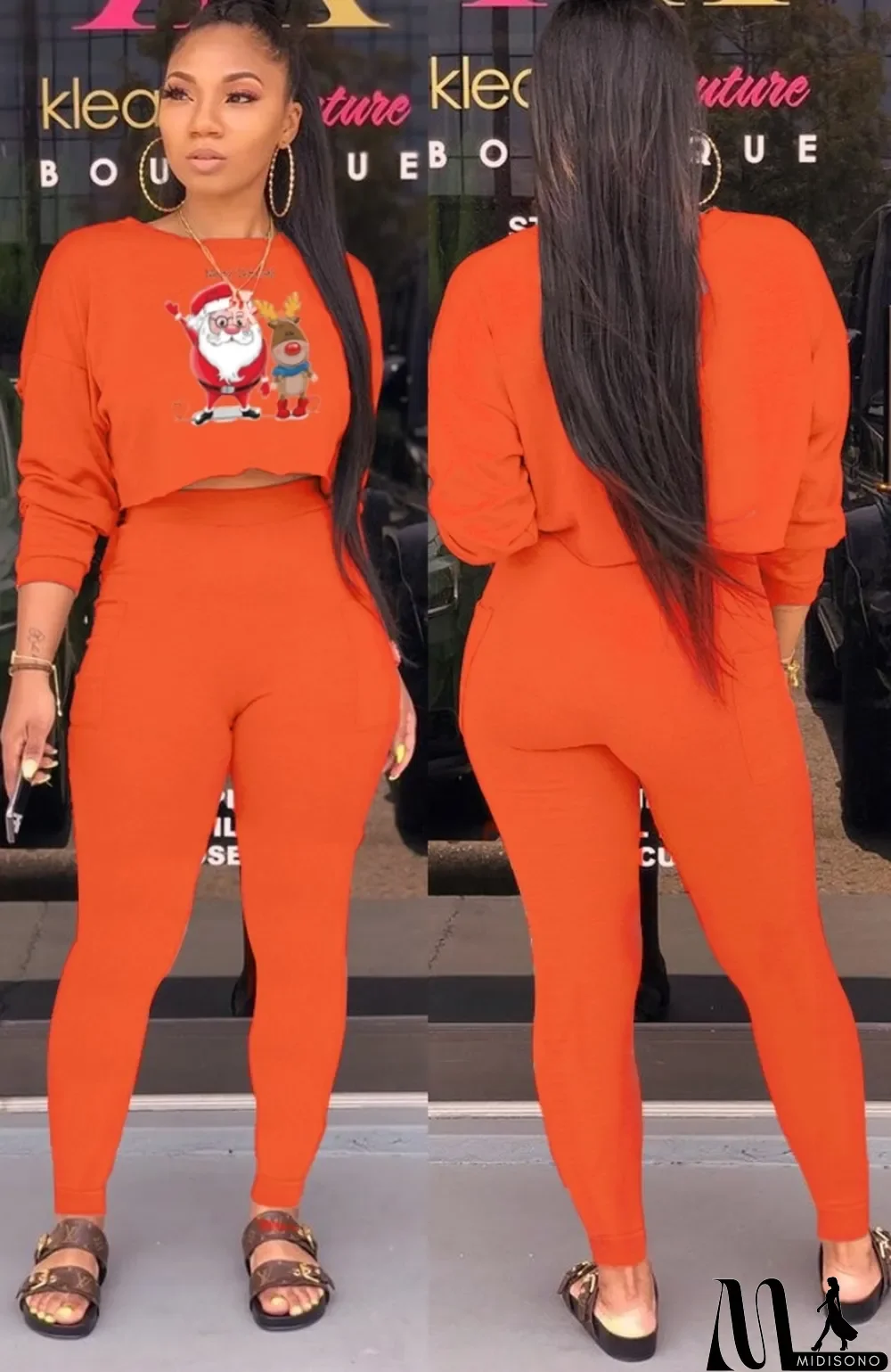 MidiSono - Christams Casaul Orange Print Long Sleeve And Pant Two Piece Set