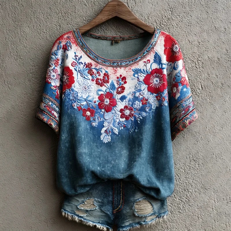  Women's Independence Day Floral Contrast Embroidered Print T-shirt Westsshops