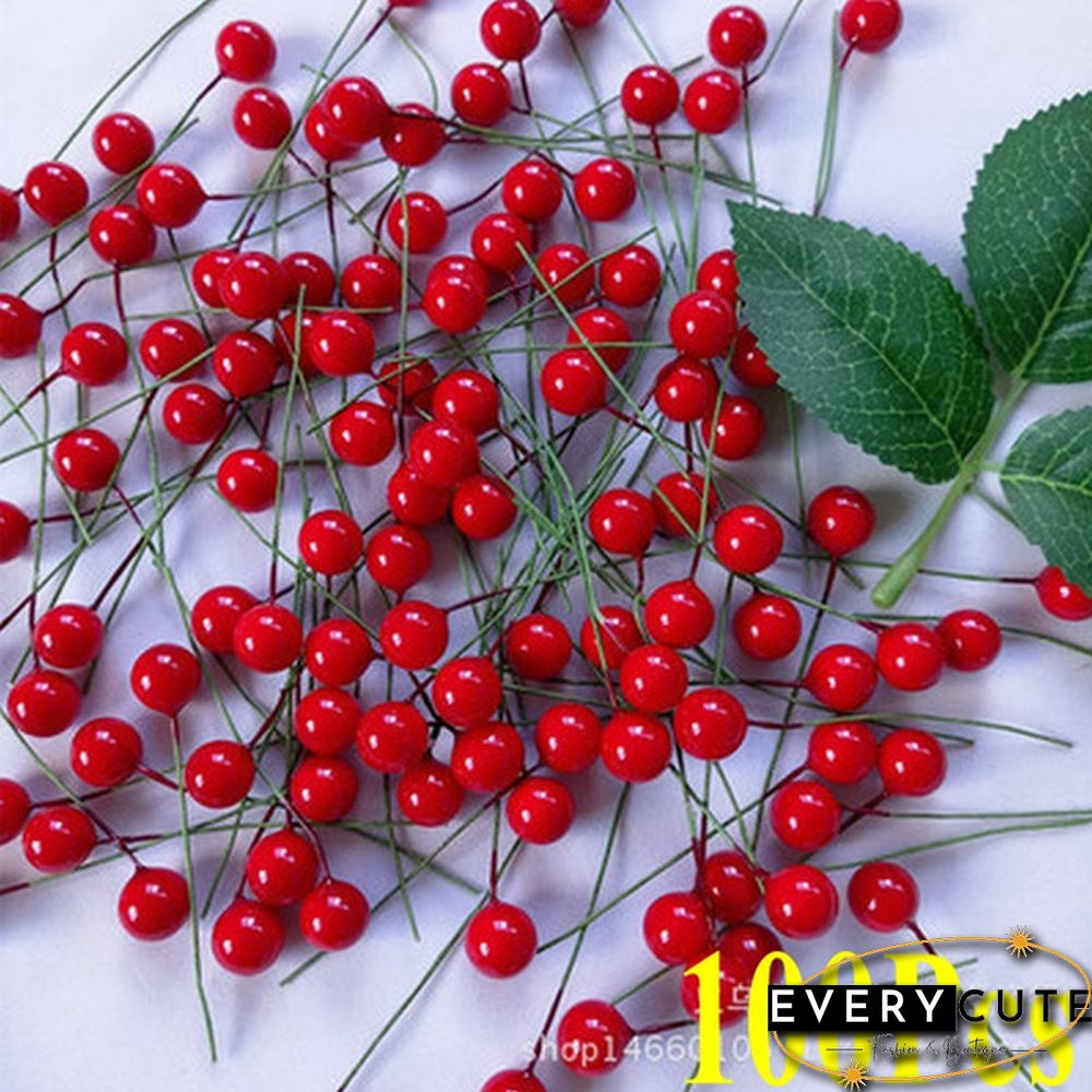 100Pcs Artificial Red Holly Berry Christmas Decor On Wire Bundle Garland Wreath