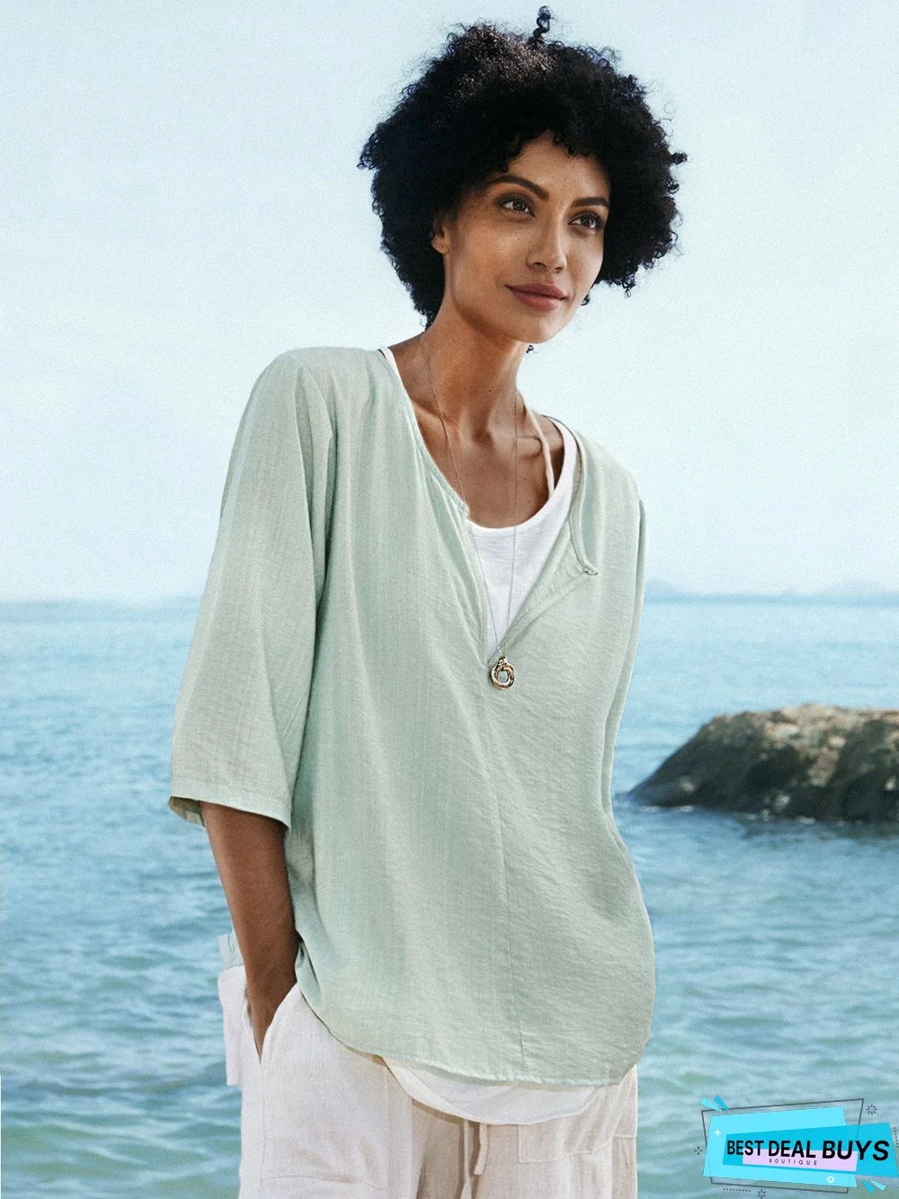 Blue Cotton V Neck 3/4 Sleeve Shift Tunic Top