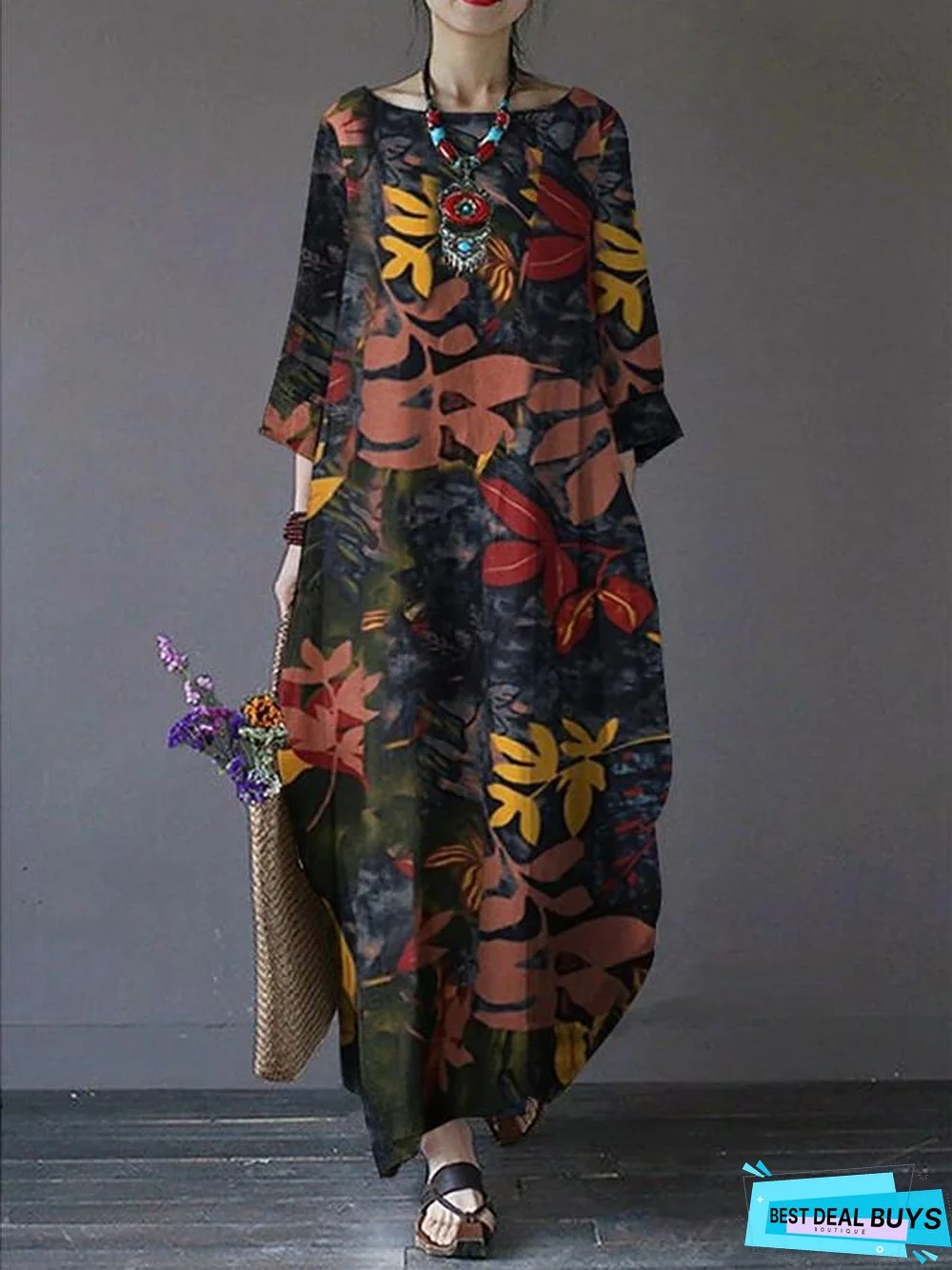 Women's Swing Dress Maxi Long Dress 3/4 Length Sleeve Print Fall Hot Vintage Chinoiserie Cotton Red Green Brown
