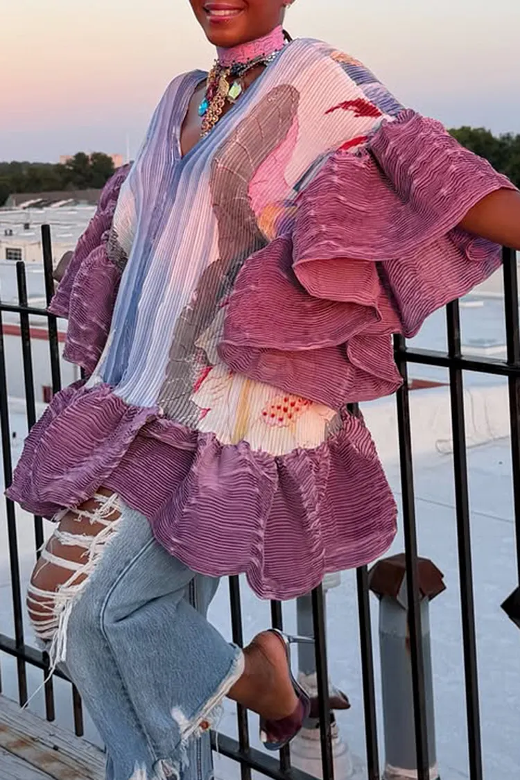 Plus Size Business Casual Purple Floral V Neck Flare Short Sleeve Ruffle Blouses [Pre-Order] 2024 - Xpluswear