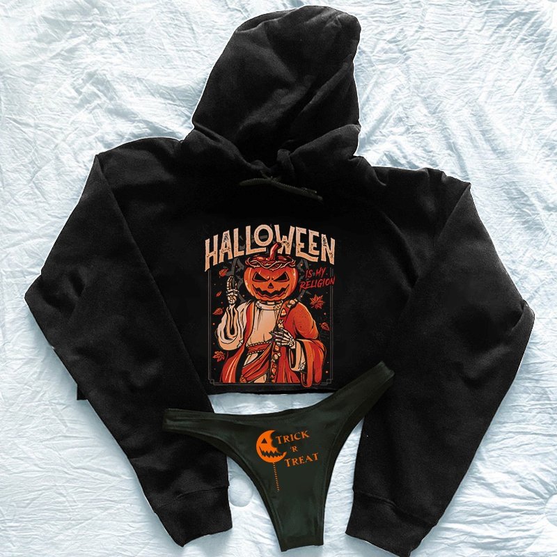 Halloween Is My Religion Printed Hoodie Thong Set