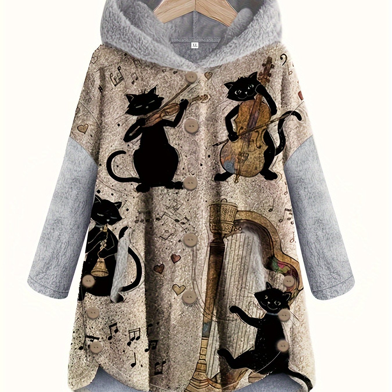 Animal Print Side Pockets Hoodie, Casual Long Sleeve Button Fuzzy Hooded Sweatshirt For Spring & Fall, Women's Clothing