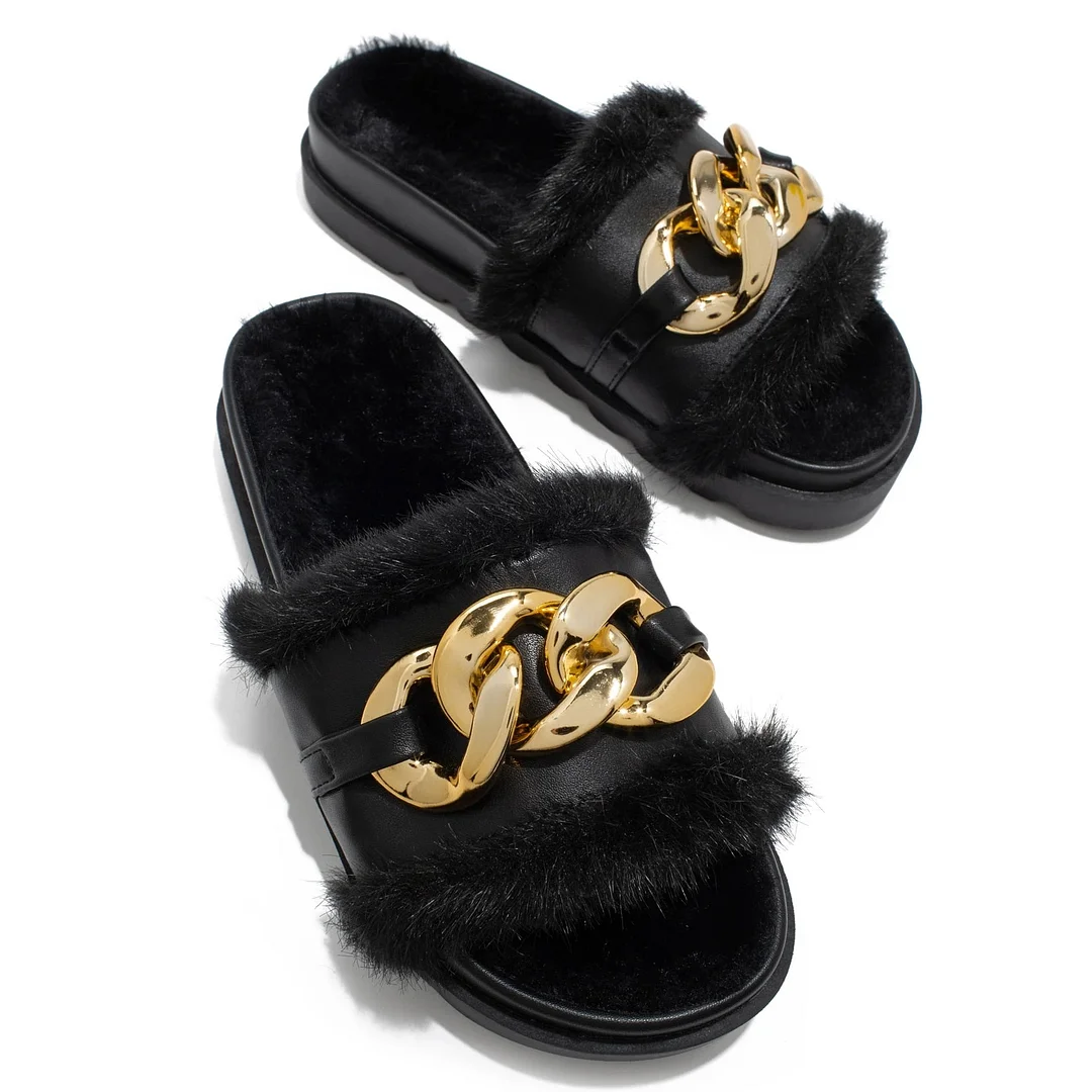 Fluffy Women Home Fur Slippers Winter Warm Furry Lining Cozy Platform Flat Chain Decoration Fashion Trend Slides Ladies Shoes