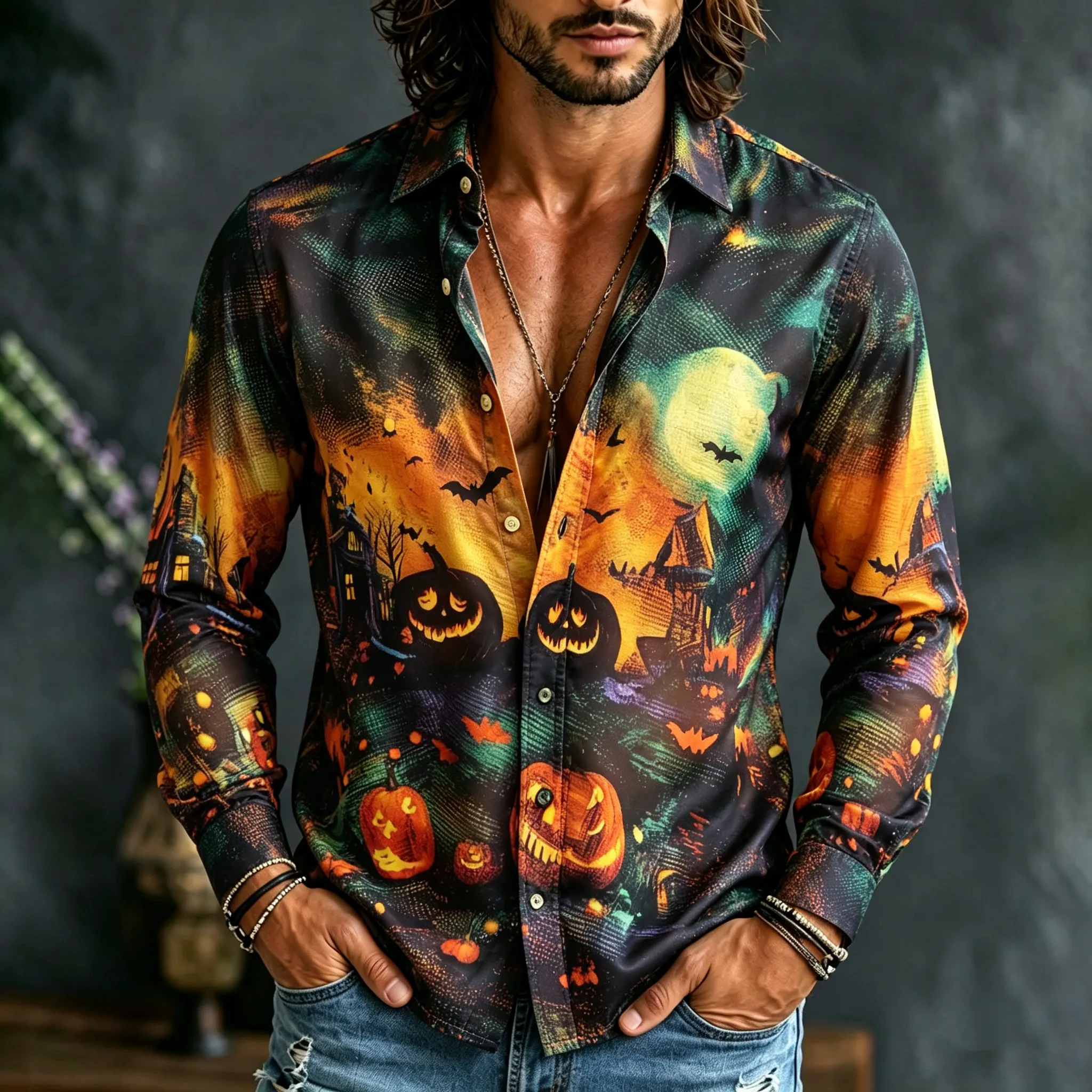 Men's Retro Halloween Pumpkin Bat Castle Print Long-sleeve Shirt artswardrobe