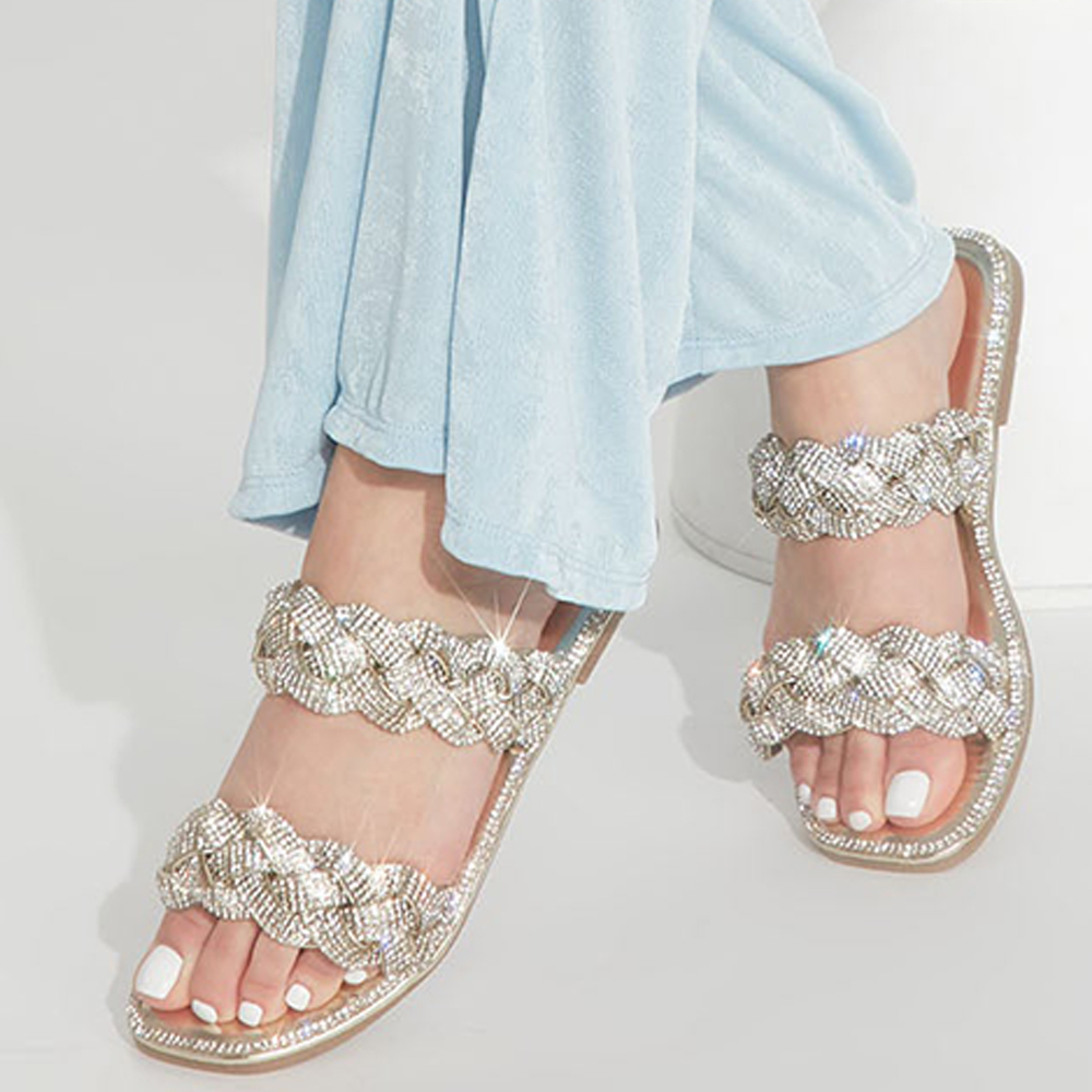 Silver Rhinestone Square Toe Flat Mules Nicepairs