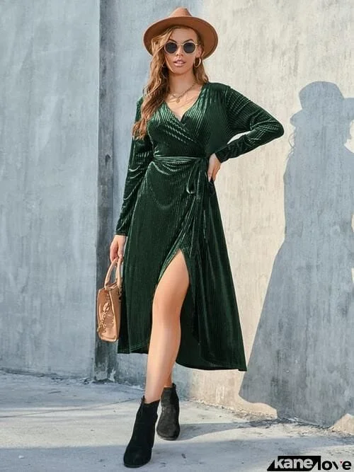 Tie Front Long Sleeve Slit Dress
