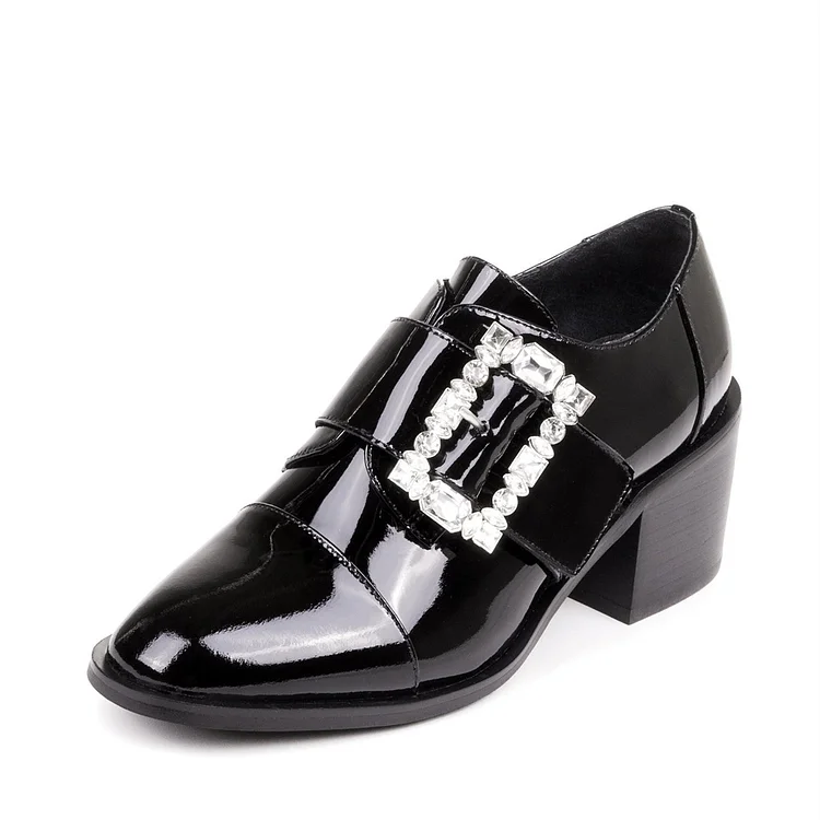 Black Round Toe Rhinestone Block Heel Loafers for Women |FSJ Shoes