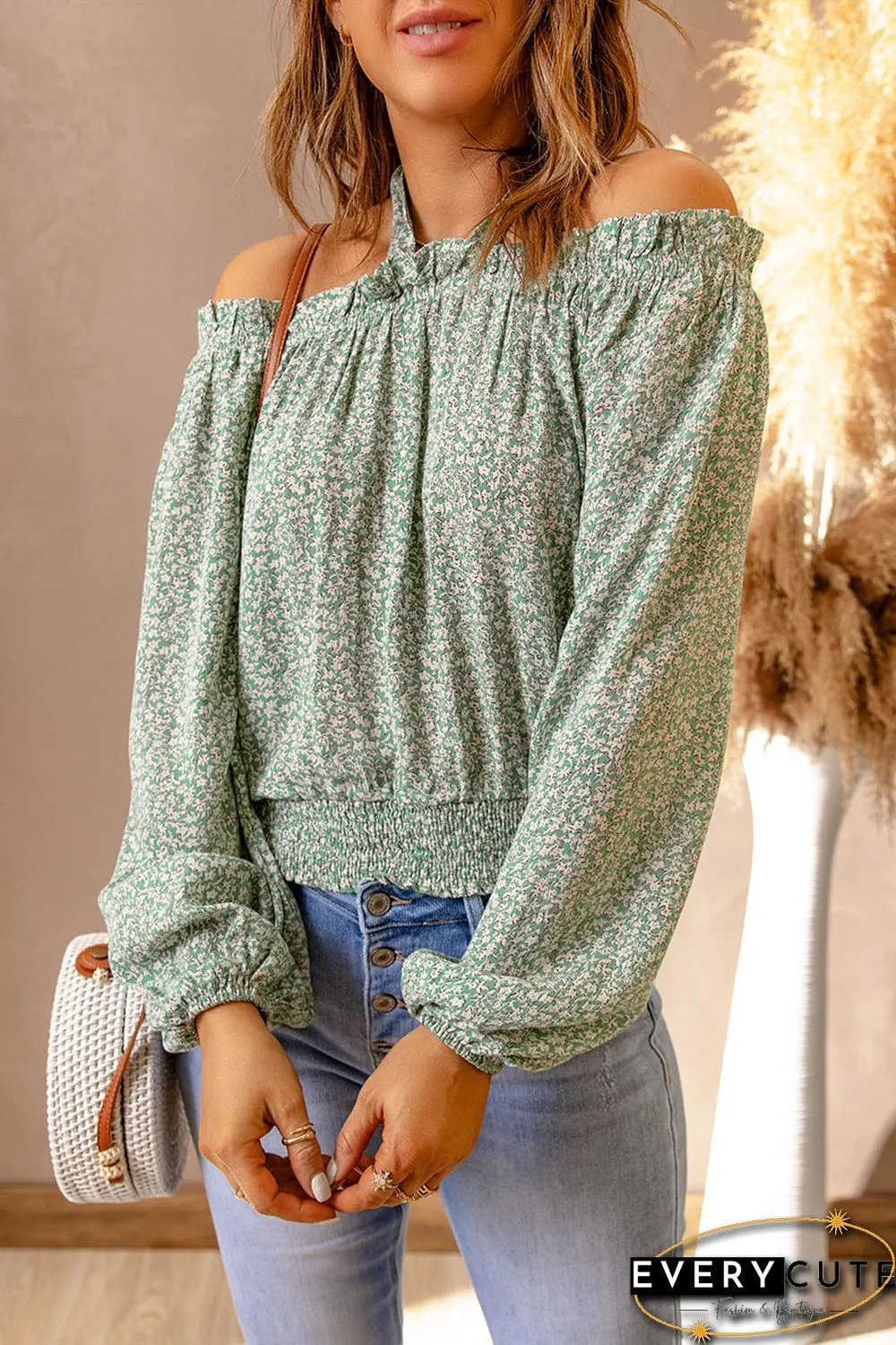 Green Floral Print Halter Off-shoulder Blouse