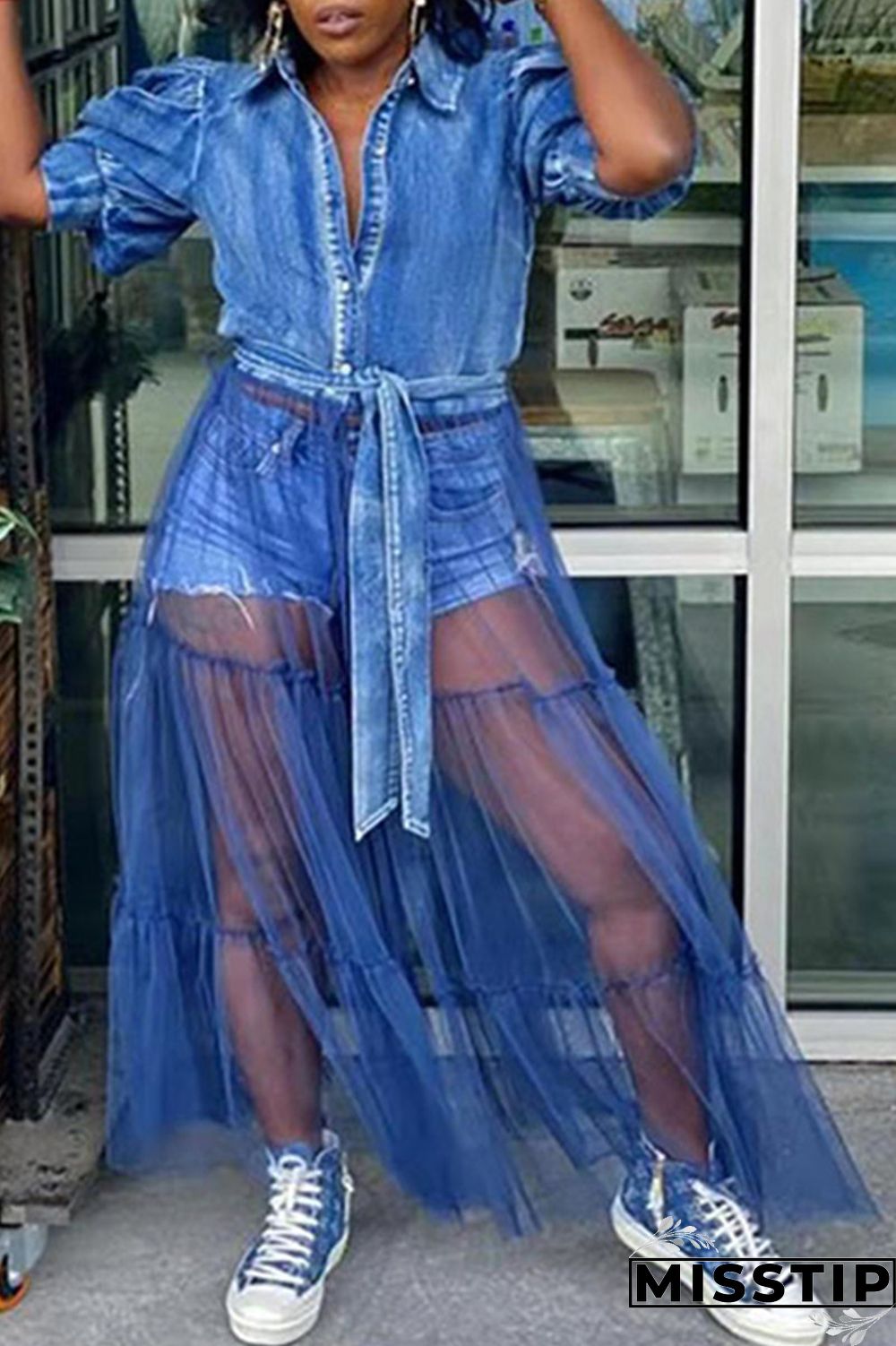 Deep Blue Fashion Casual Plus Size Patchwork Mesh Turndown Collar Short Sleeve Dress