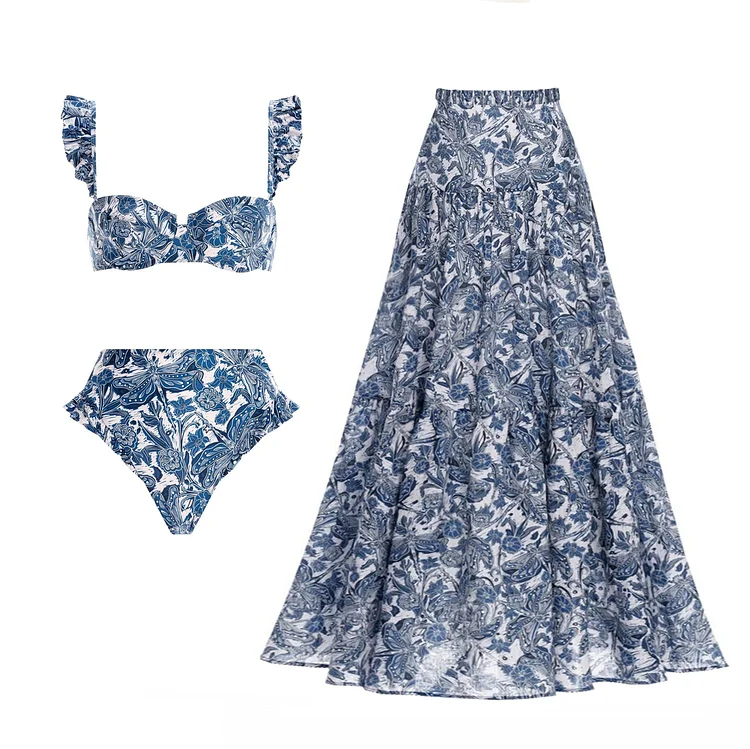 Flaxmaker Blue Dragonfly Printed Swimsuit and Skirt