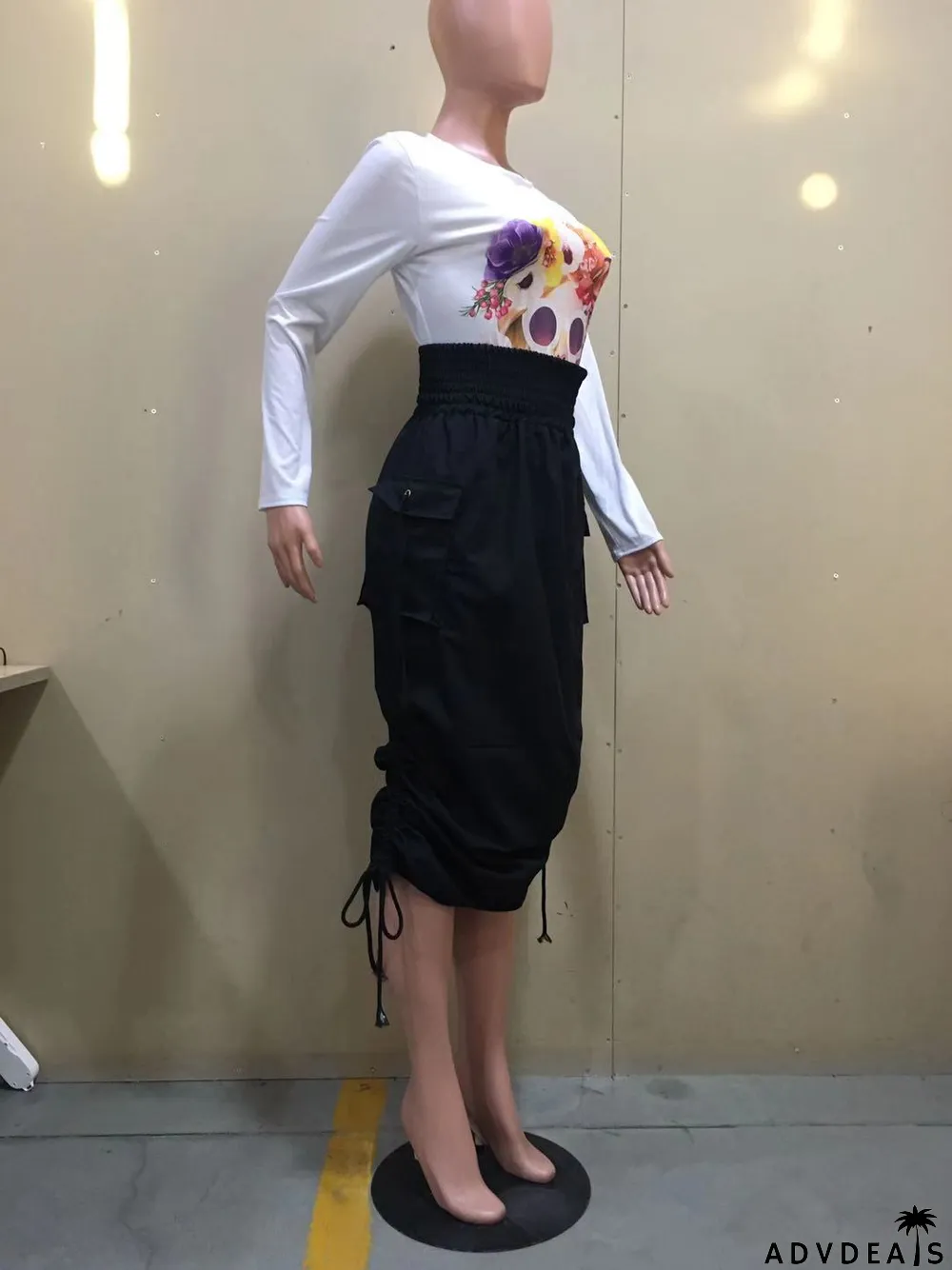 Summer Black High Waist Strings Midi Skirt with Pockets