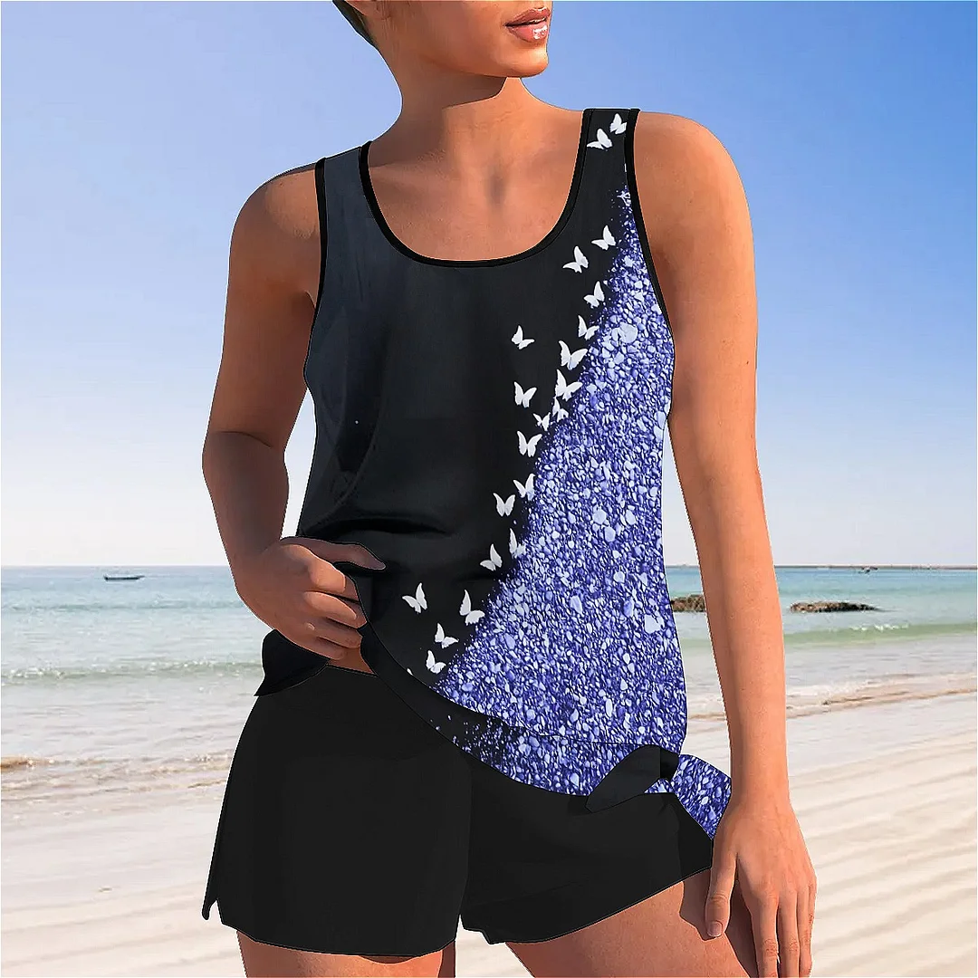 Bowknot Purple,Butterfly,Glitter Mid Waisted Tankini Set - Plus Size Available