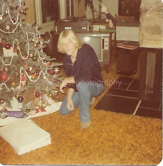 CHRISTMAS BOY Tree 1970s FOUND Photo Poster painting Original Color Snapshot YOUNG MAN 03 8 D