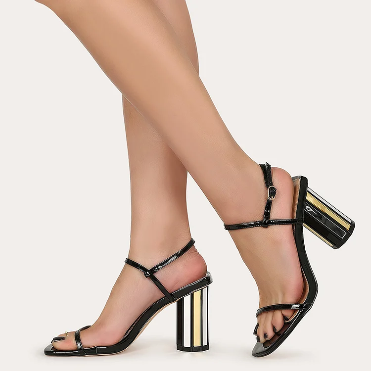 Black Patent Leather Ankle Strap Sandals Open Toe Chunky Heel Sandals |FSJ Shoes