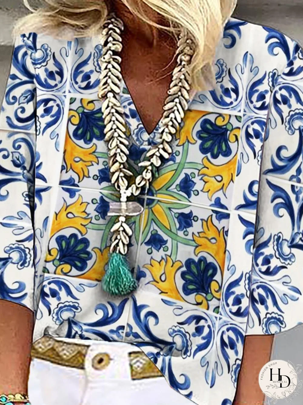 Casual Floral Three Quarter V Neck Plus Size Printed Tops