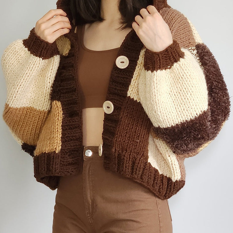 fall outfits women 2024 Spring and Autumn New Fashion Temperament Half Open Collar Color Matching Hooded Button Short Sweater Coat