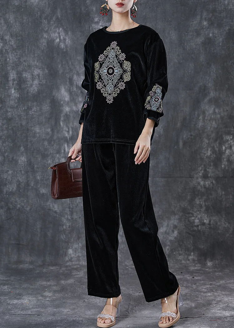 Loose Black O-Neck Embroideried Silk Velour Two Piece Suit Set Spring