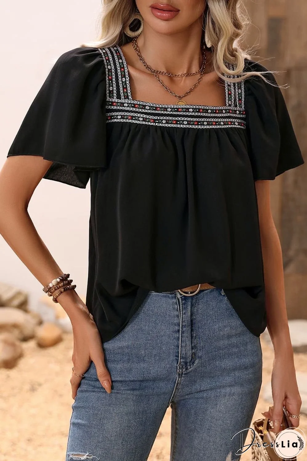 Contrast Square Neck Puff Sleeve Blouse