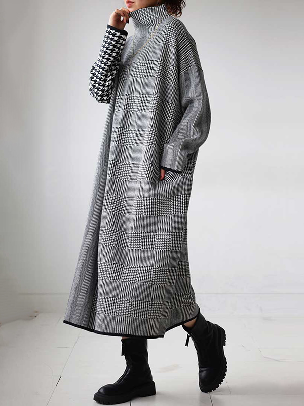 Patchwork Houndstooth Loose Maxi Dress