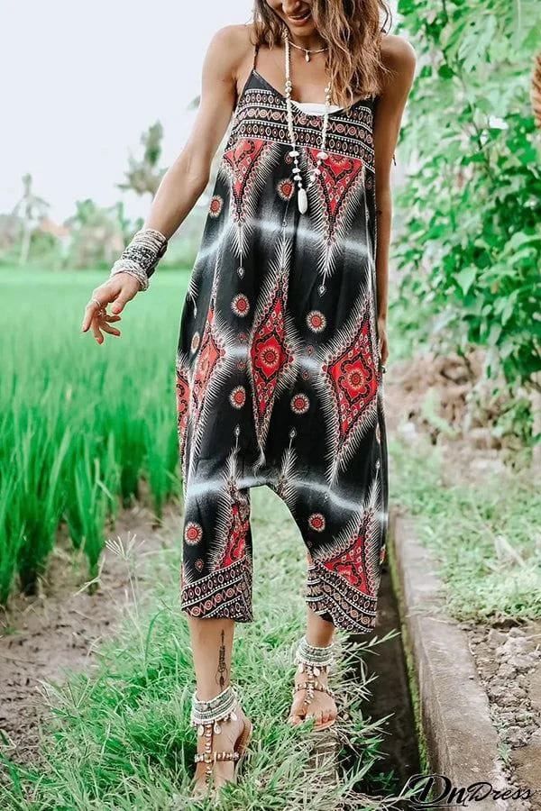 Free Spirit Boho Ethnic Print Loose Dungaree Jumpsuit