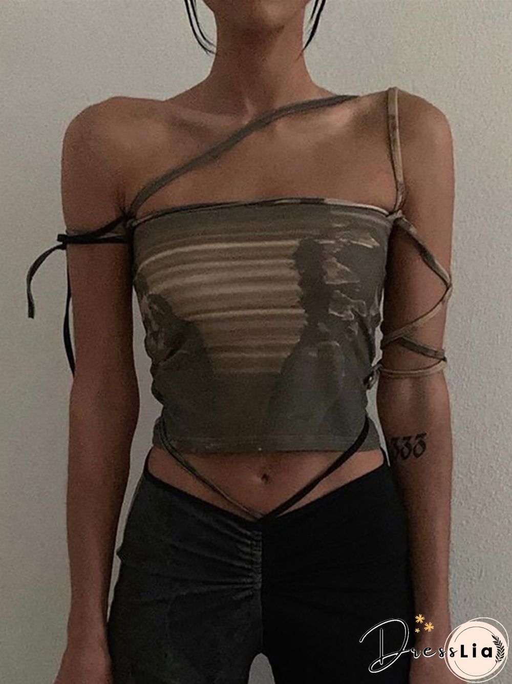 Goth Dark Punk Gothic Camis Grunge Lace Up Off Shoulder Women Crop Tops Hip Hop Bodycon Sleeveless Vintage Print 90S Streetwear