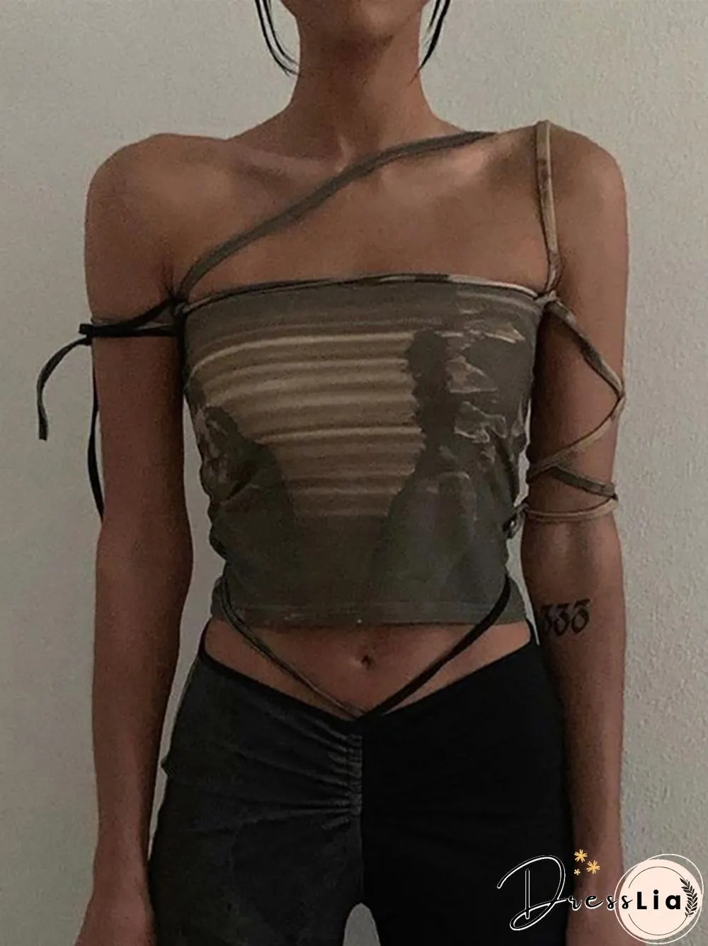 Goth Dark Punk Gothic Camis Grunge Lace Up Off Shoulder Women Crop Tops Hip Hop Bodycon Sleeveless Vintage Print 90S Streetwear