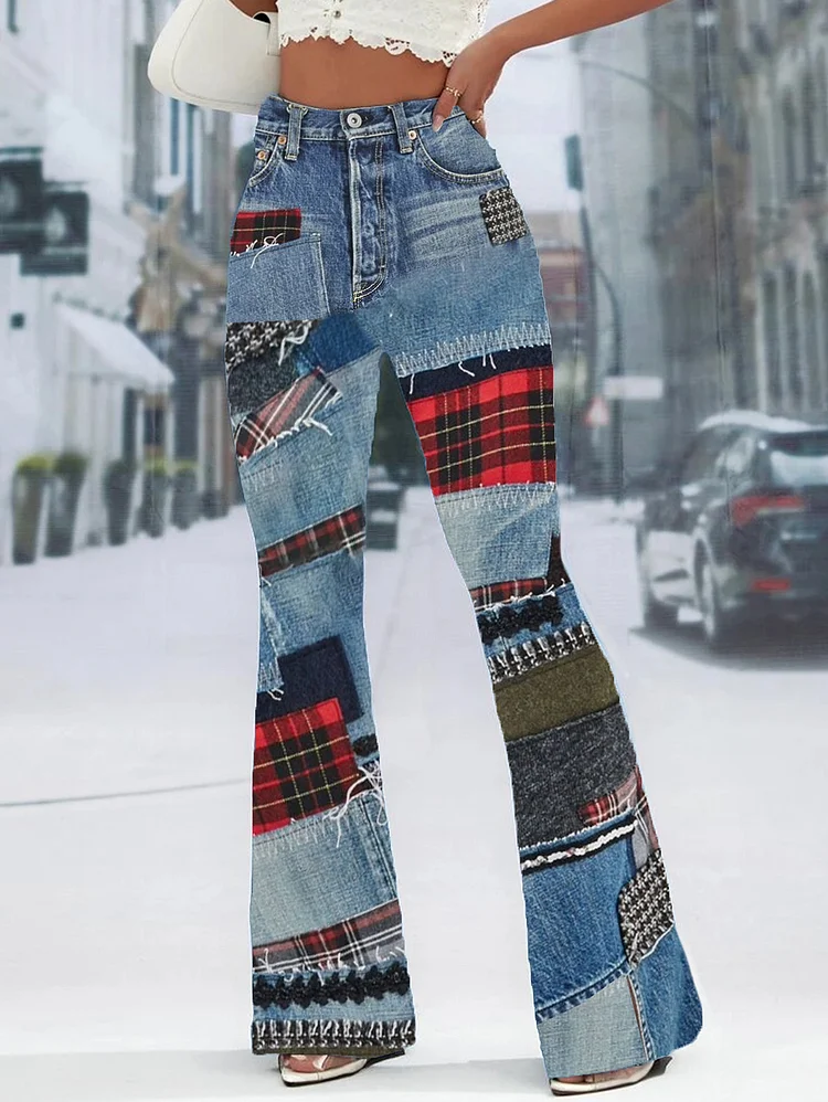 Ursime High-rise Plaid Patchwork Flare Leg Jeans