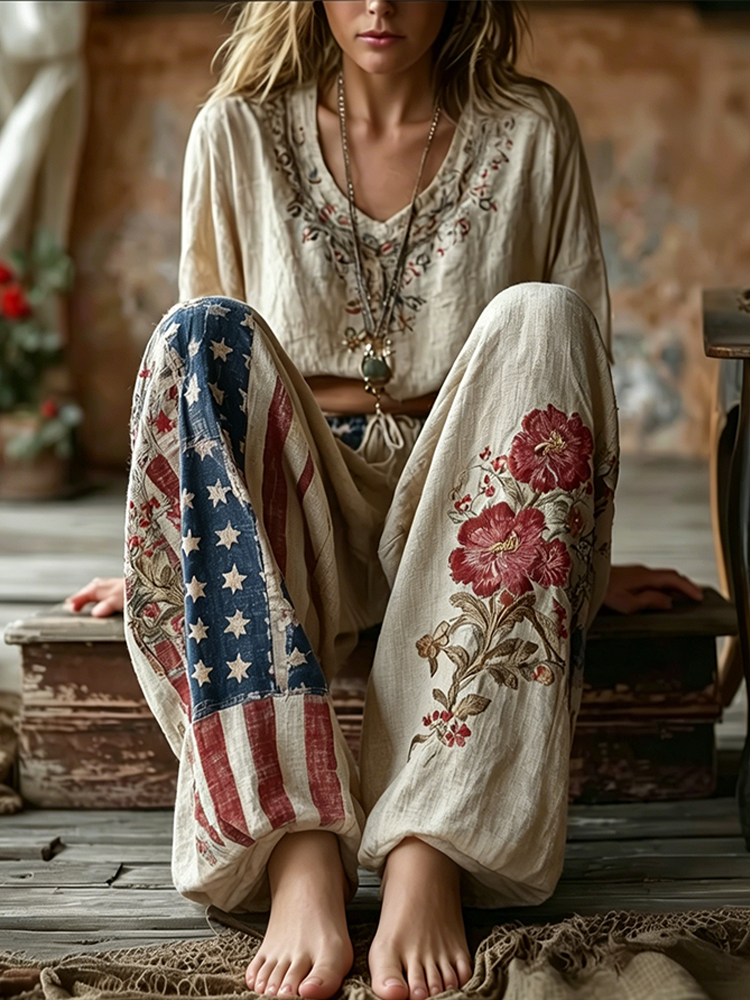  Women's American Flag Elements And Flower Embroidery Pattern Design Retro Leisure Linen Long Pants Westsshops