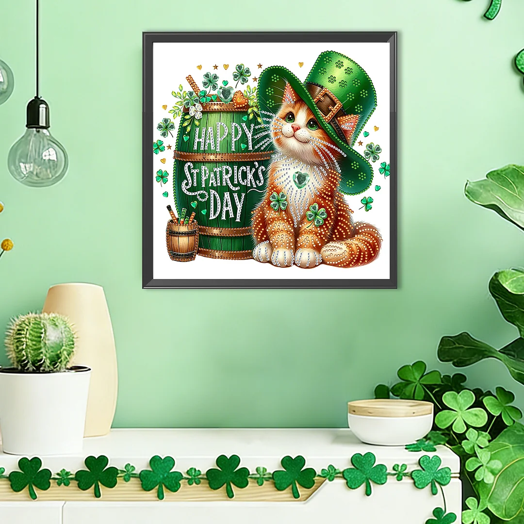 St Patricks Day Cat Special Shaped 5D DIY Partial Drill Diamonds Dots Gem Art Kits for Adults Beginners Home Decor Diamonds Paintings Gem Art 11.81 X11.81inch