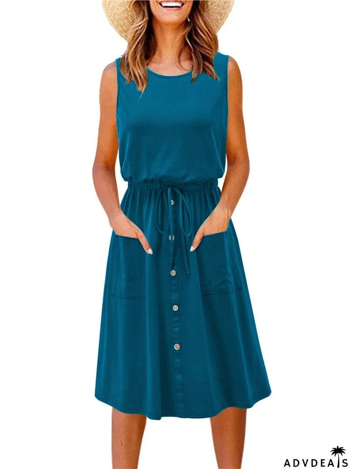 Women's Retro Crew Neck Lace Up Trendy Dress for Summer