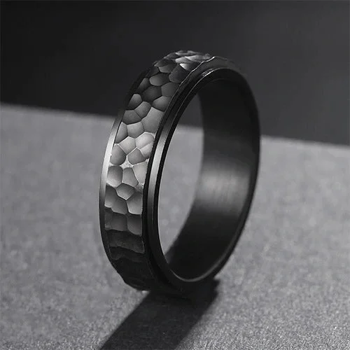Stylish Vintage Stainless Steel Hammered Black Anxiety Spinner Ring