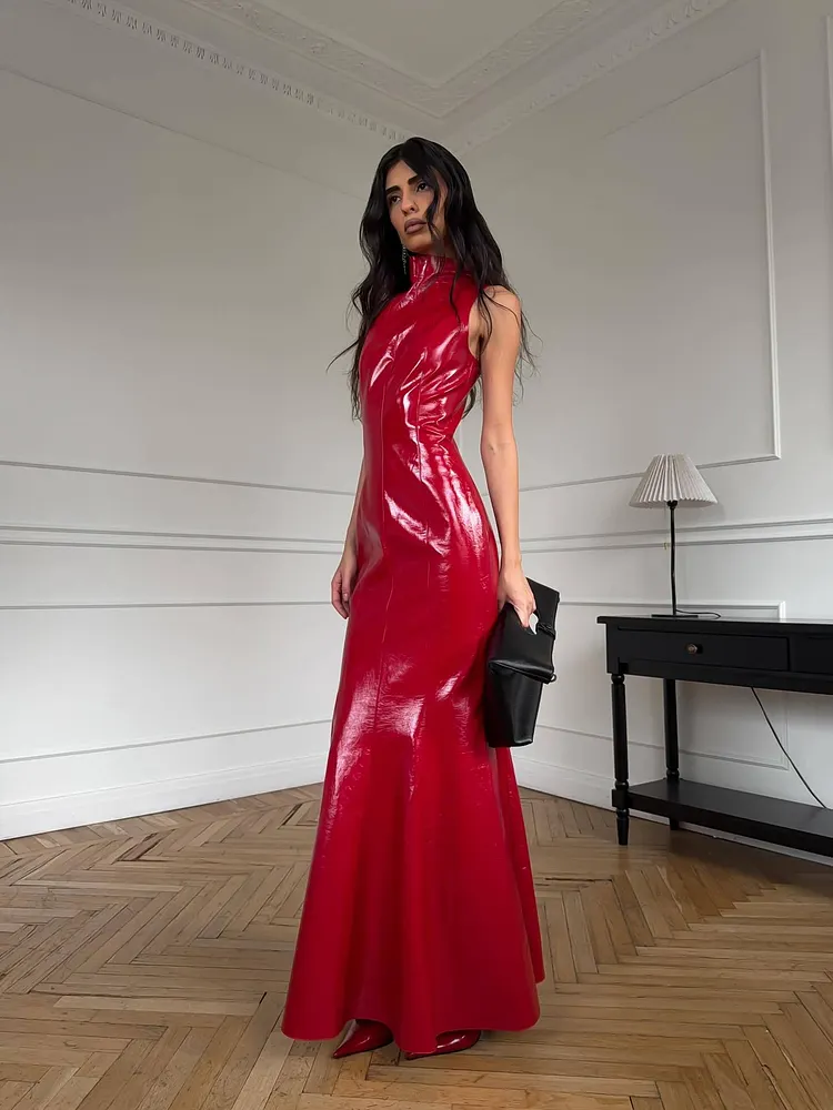 Scarlet Muse Glossy Maxi Dress &ndash; High Neck Sleeveless Red Evening Gown